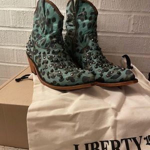 Liberty Black Chita Turquoise Western Studded Fringe Bootie Boots Size 8.5